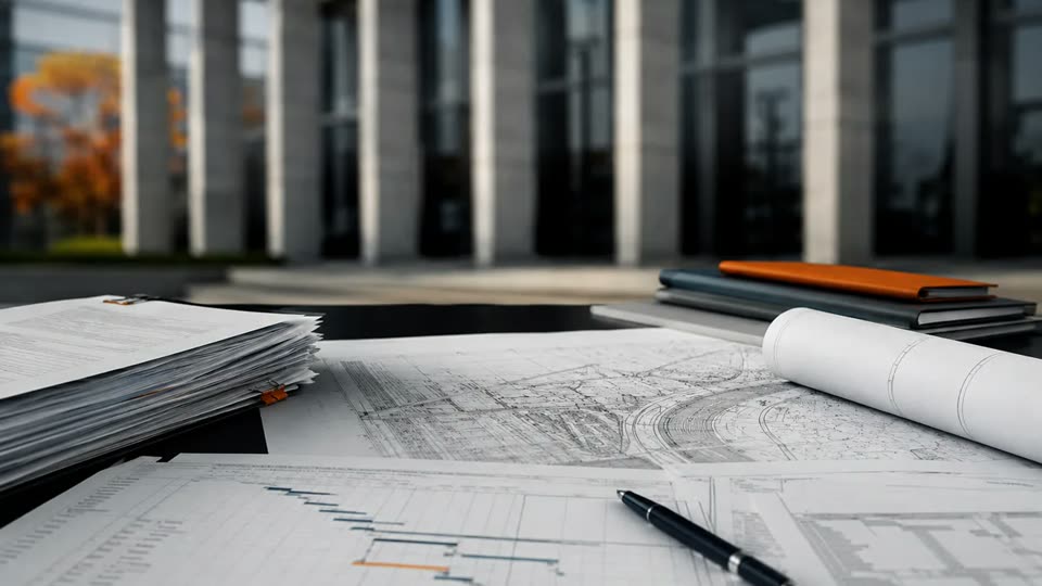 Documentos e plantas sobre a mesa, diante das colunas de um prédio público