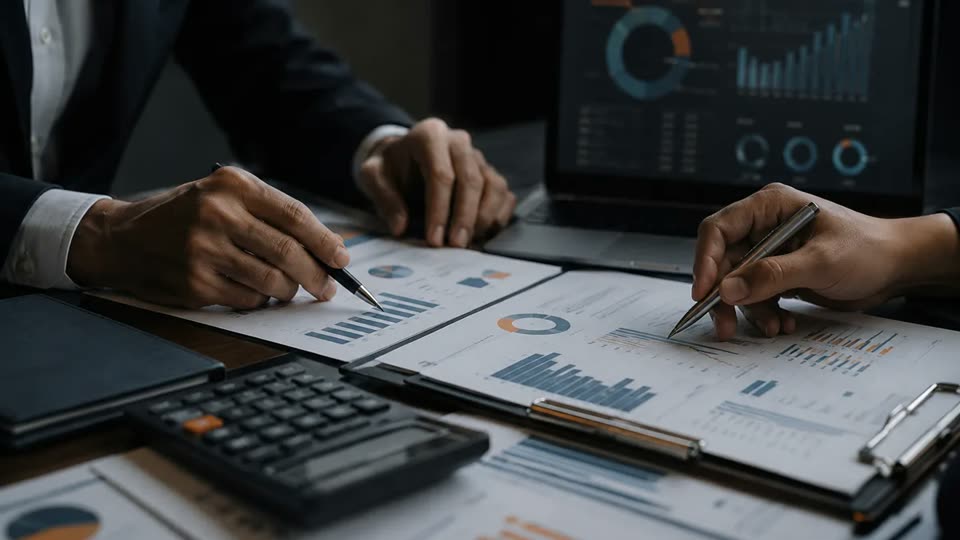 Mãos analisando gráficos financeiros ao lado de uma calculadora